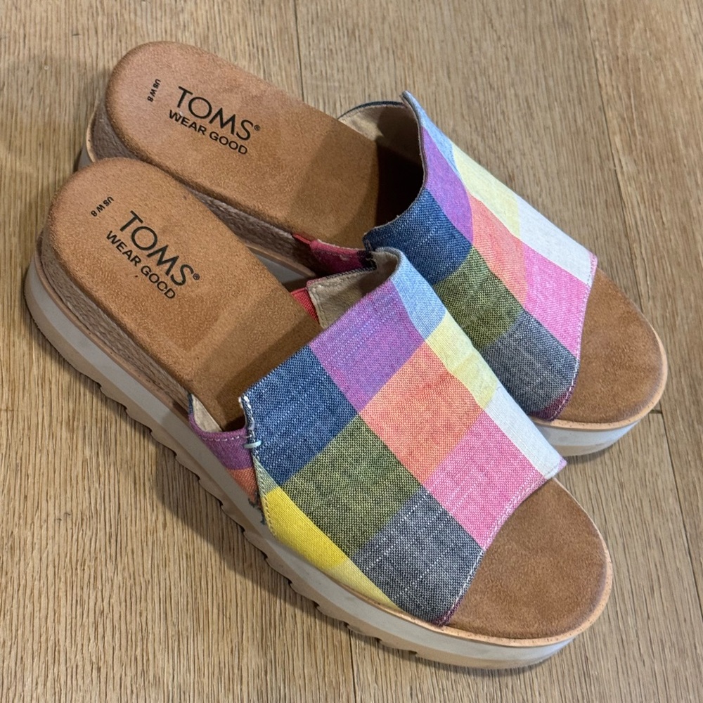 TOMS Diana Multicolor Picnic Plaid Slide Sandals Wedge Size 8 - Picture 4 of 15